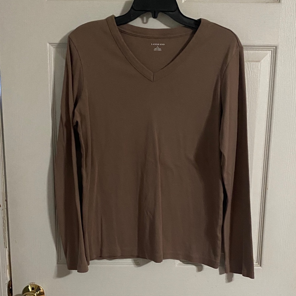 Lands' End Taupe Brown Classic V-Neck Long Sleeve Top L 14 16